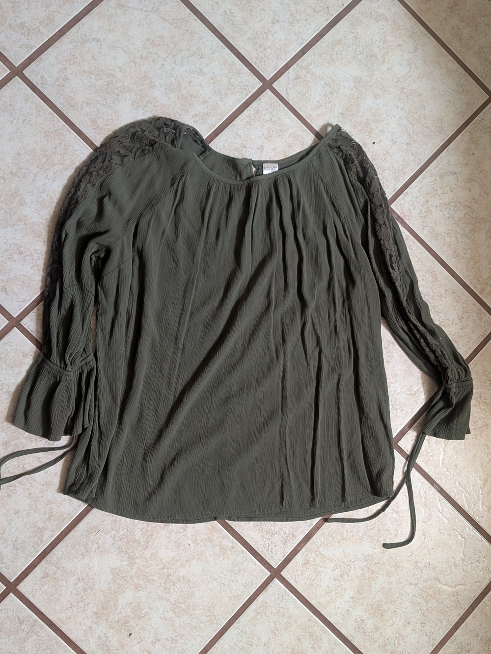 Women's Olive Green Lace-Trim Peasant Blouse